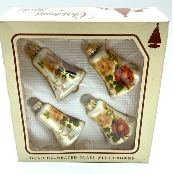 Vtg Krebs Bell Christmas Ornaments White w/Pink & Red Roses set of‎ 4 orig box - Picture 1 of 5